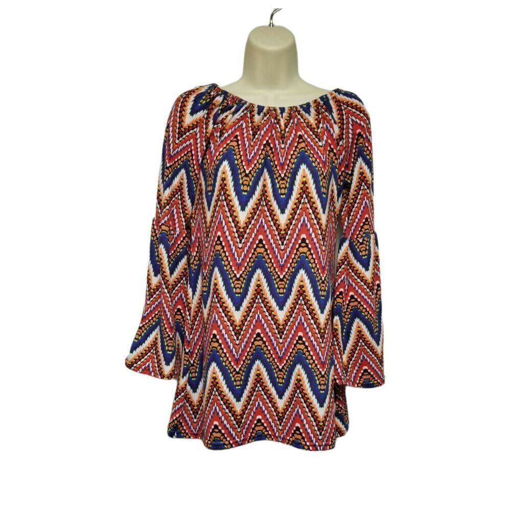 Win-Win Bell Sleeve Off Shoulder Chevron Print Multi Colored Tunic Blouse S/M